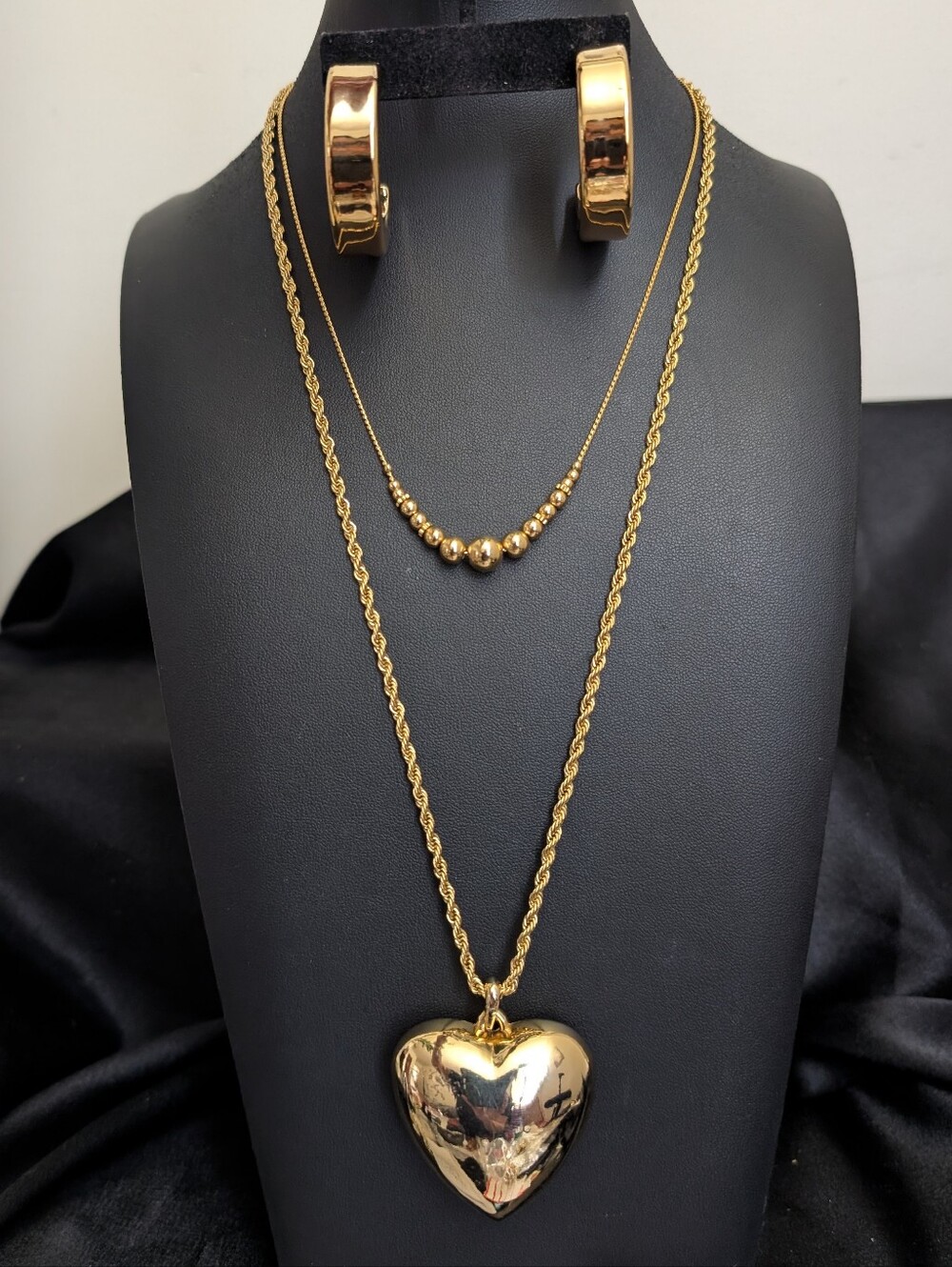 #65. "Trending" Gold Puffy Heart Necklace & Gold Hoops